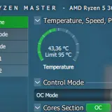 Jak sprawdzić temperaturę CPU? Program Ryzen Master pokazuje aktualną temperaturę procesora AMD Ryzen 5 3600 na poziomie 43,36 °C.