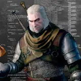 Geralt z Rivii, wiedźmin 3 kody, w tle kod źródłowy gry.