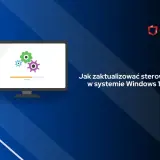 Grafika przedstawia monitor z ikonami kół zębatych i paskiem postępu, symbolizującymi aktualizację. Tekst "Jak zaktualizować sterowniki w systemie Windows 10?" sugeruje, że jest to materiał o programie do aktualizacji sterowników.