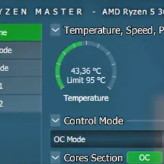 Jak sprawdzić temperaturę CPU? Program Ryzen Master pokazuje aktualną temperaturę procesora AMD Ryzen 5 3600 na poziomie 43,36 °C.