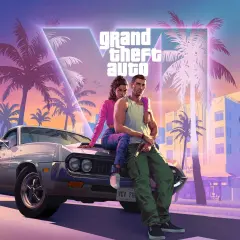 Para zrelaksowana na masce auta w stylu retro, na tle palem i neonów. Czekamy na GTA 6 wymagania!