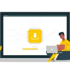 Ilustracja pokazuje, jak zaktualizować BIOS. Mężczyzna siedzi przy laptopie, a na ekranie widać ikonę pobierania i pasek postępu aktualizacji.