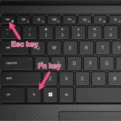 Klawiatura laptopa z zaznaczonymi klawiszami Esc i Fn. Naciśnij je, aby dowiedzieć się, jak włączyć podświetlenie klawiatury.