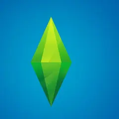 Zielony, geometryczny symbol na niebieskim tle, przypominający klejnot. Kojarzy się z grą The Sims 4 i jej kodami, które ułatwiają rozgrywkę.