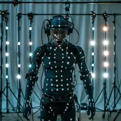 Aktor w kombinezonie do motion capture, z kropkami na całym ciele, stoi przed rzędem świateł.