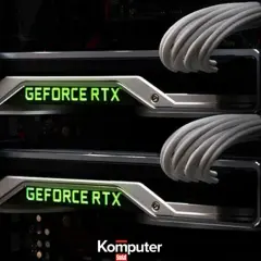 Dwie karty graficzne GeForce RTX w konfiguracji SLI, połączone eleganckimi kablami.