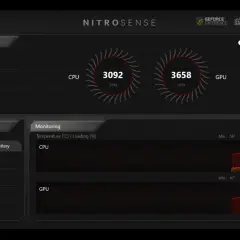 Monitorowanie temperatury procesora i GPU w aplikacji NitroSense. CPU: 59°C, 16% obciążenia. GPU: 55°C, 0% obciążenia.