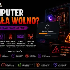 Jak przyspieszyć komputer? Obraz pokazuje przyczyny wolnego działania komputera i sposoby na jego optymalizację, np. czyszczenie systemu.