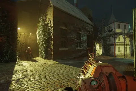 Mroczna uliczka z kamienną nawierzchnią, oświetlona przez lampę. W oddali postać dziecka. Realistyczne cienie i odbicia dzięki ray tracing.