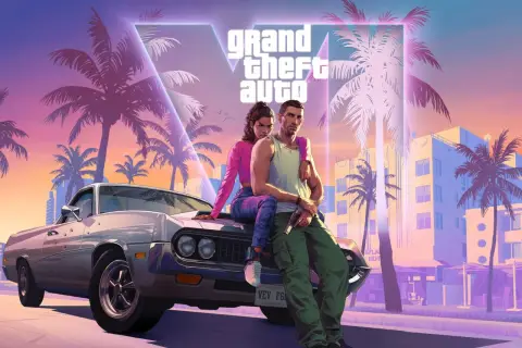 Para zrelaksowana na masce auta w stylu retro, na tle palem i neonów. Czekamy na GTA 6 wymagania!