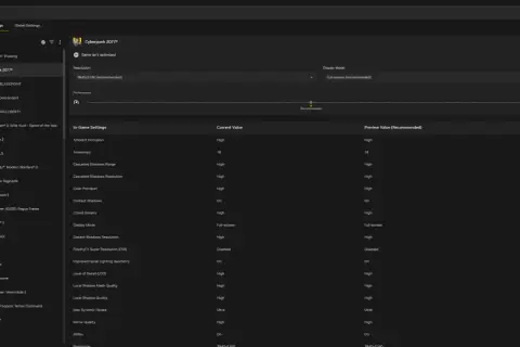 NVIDIA GeForce Experience pokazuje ustawienia graficzne dla Cyberpunk 2077, z opcją optymalizacji.