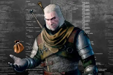 Geralt z Rivii, wiedźmin 3 kody, w tle kod źródłowy gry.