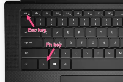 Klawiatura laptopa z zaznaczonymi klawiszami Esc i Fn. Naciśnij je, aby dowiedzieć się, jak włączyć podświetlenie klawiatury.