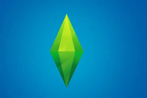 Zielony, geometryczny symbol na niebieskim tle, przypominający klejnot. Kojarzy się z grą The Sims 4 i jej kodami, które ułatwiają rozgrywkę.