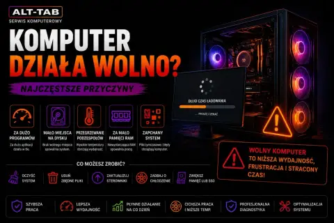 Jak przyspieszyć komputer? Obraz pokazuje przyczyny wolnego działania komputera i sposoby na jego optymalizację, np. czyszczenie systemu.