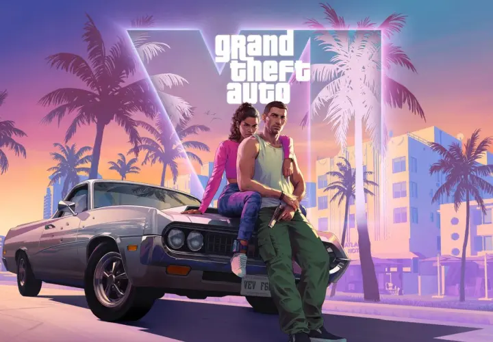 Para zrelaksowana na masce auta w stylu retro, na tle palem i neonów. Czekamy na GTA 6 wymagania!