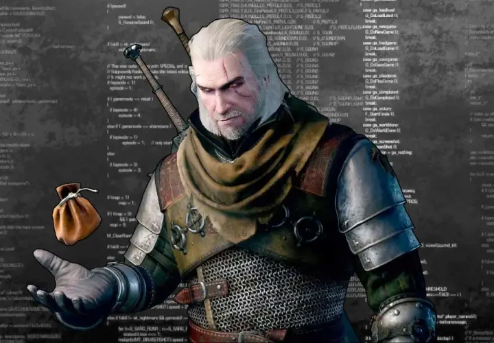 Geralt z Rivii, wiedźmin 3 kody, w tle kod źródłowy gry.
