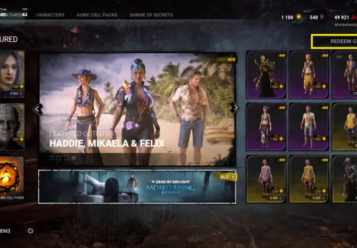 W menu gry Dead by Daylight, obok opcji "Auric Cell Packs", znajduje się przycisk "REDEEM CODE".