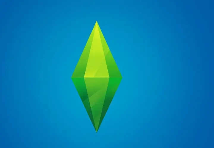 Zielony, geometryczny symbol na niebieskim tle, przypominający klejnot. Kojarzy się z grą The Sims 4 i jej kodami, które ułatwiają rozgrywkę.