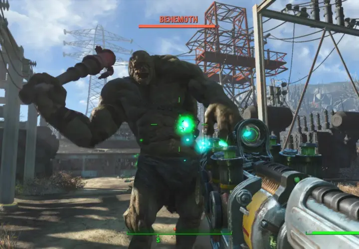 Gracz celuje w Behemota z pistoletu w Fallout 4. Gra wymaga odpowiedniego sprzętu, by poradzić sobie z takimi potworami.