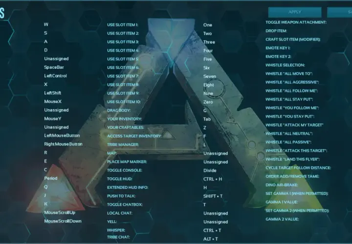 Ekran ustawień klawiszy w Ark Survival Evolved. Pozwala na dostosowanie sterowania, np. do poruszania się, używania przedmiotów czy wydawania komend zwierzętom.