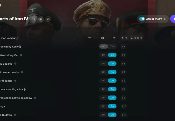 Interfejs programu WeMod z włączonymi **hoi4 kodami**, takimi jak nieograniczone zasoby i szybka budowa, ułatwiający rozgrywkę w Hearts of Iron IV.