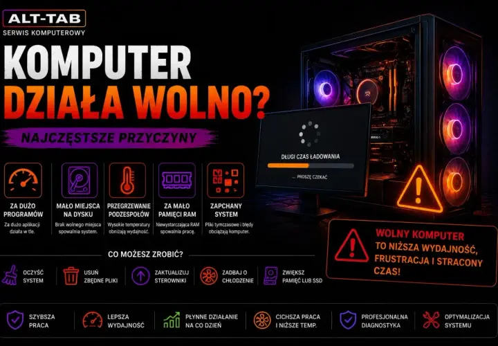 Jak przyspieszyć komputer? Obraz pokazuje przyczyny wolnego działania komputera i sposoby na jego optymalizację, np. czyszczenie systemu.