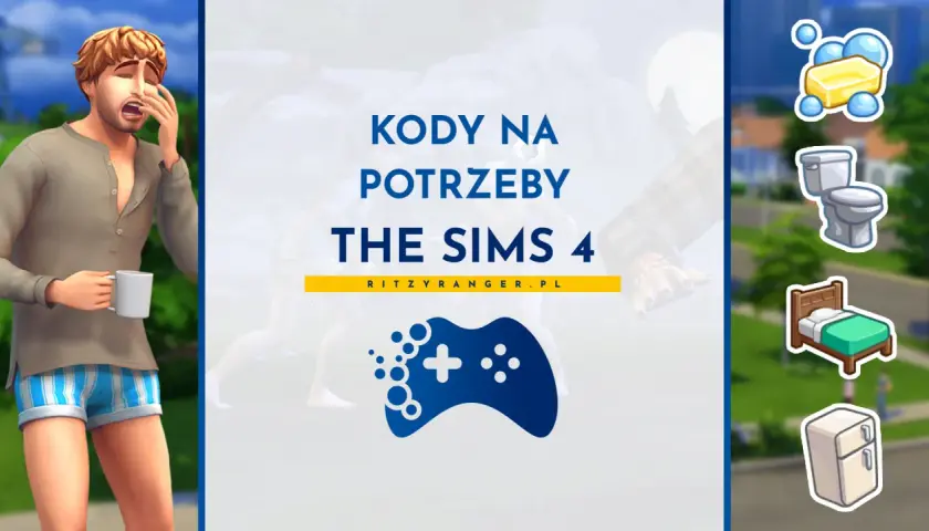 Kody na potrzeby The Sims 4. Zmęczony Sim z kubkiem kawy, ikony łazienki, łóżka i lodówki.