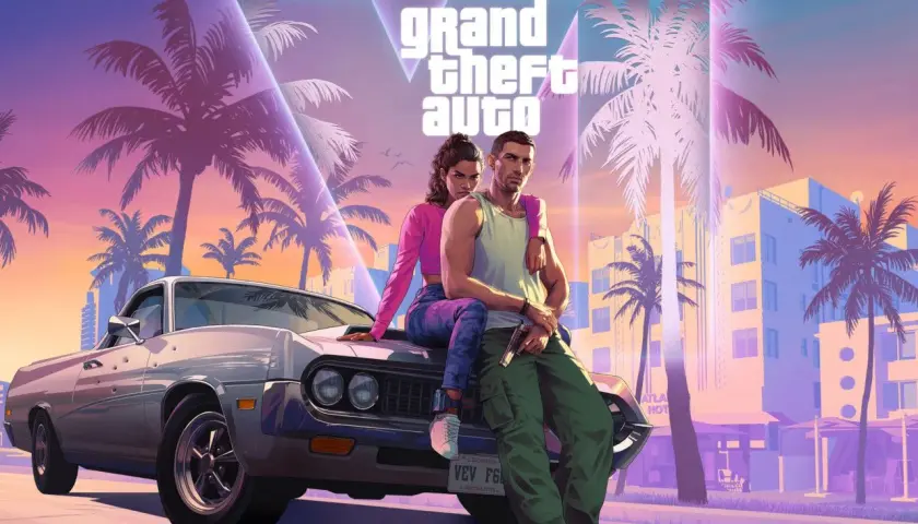 Para zrelaksowana na masce auta w stylu retro, na tle palem i neonów. Czekamy na GTA 6 wymagania!