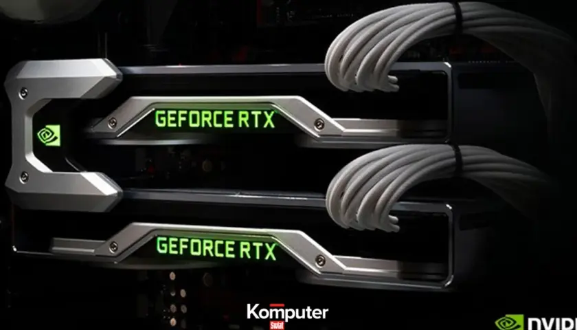 Dwie karty graficzne GeForce RTX w konfiguracji SLI, połączone eleganckimi kablami.