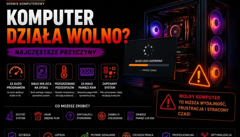 Jak przyspieszyć komputer? Obraz pokazuje przyczyny wolnego działania komputera i sposoby na jego optymalizację, np. czyszczenie systemu.
