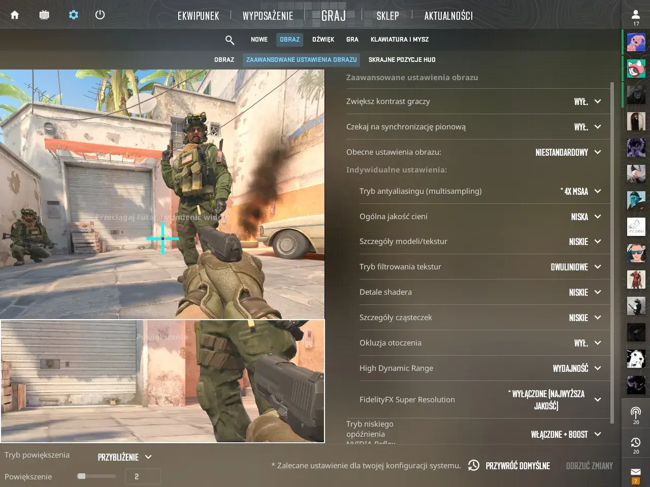 Ustawienia graficzne CS2: jak włączyć FPS w CS2? Widok menu z opcjami obrazu, gdzie można dostosować jakość grafiki i wydajność gry.