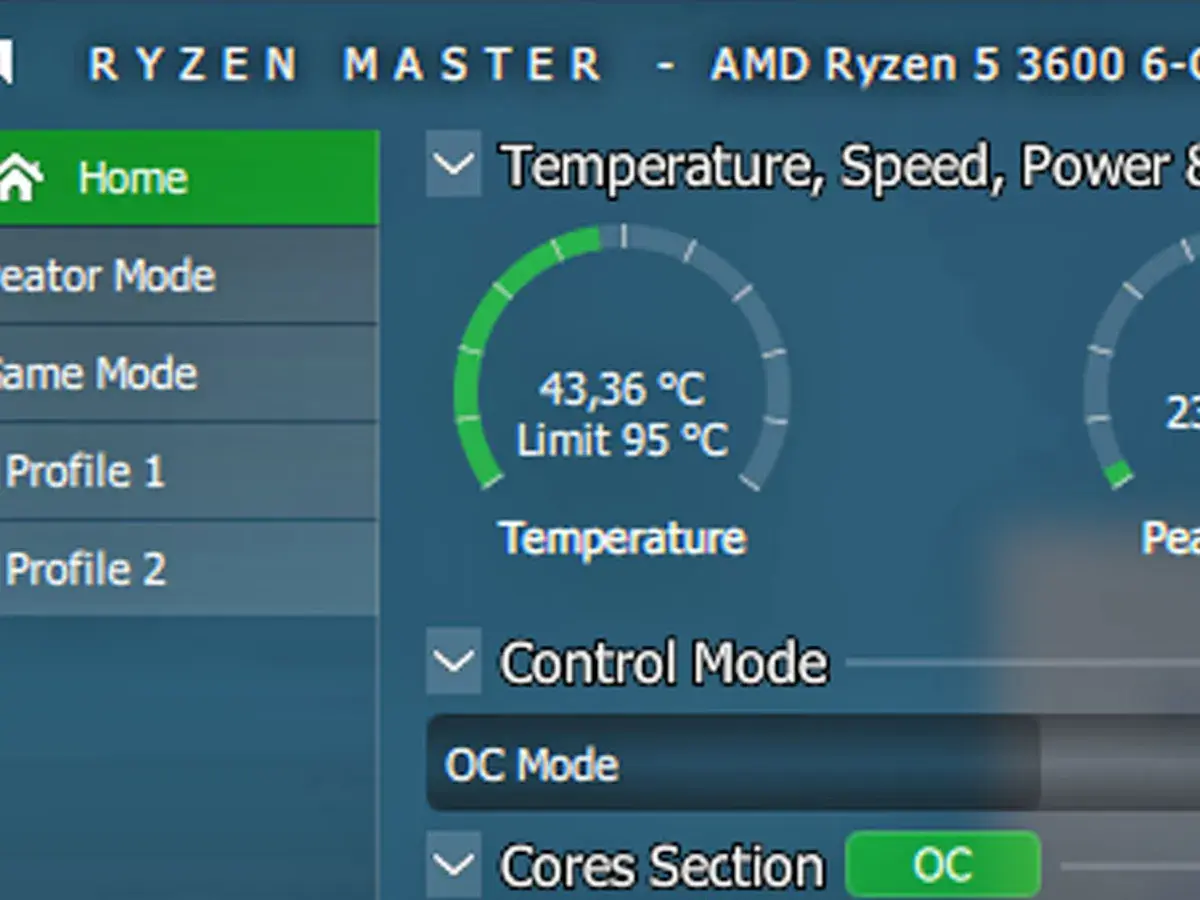 Jak sprawdzić temperaturę CPU? Program Ryzen Master pokazuje aktualną temperaturę procesora AMD Ryzen 5 3600 na poziomie 43,36 °C.