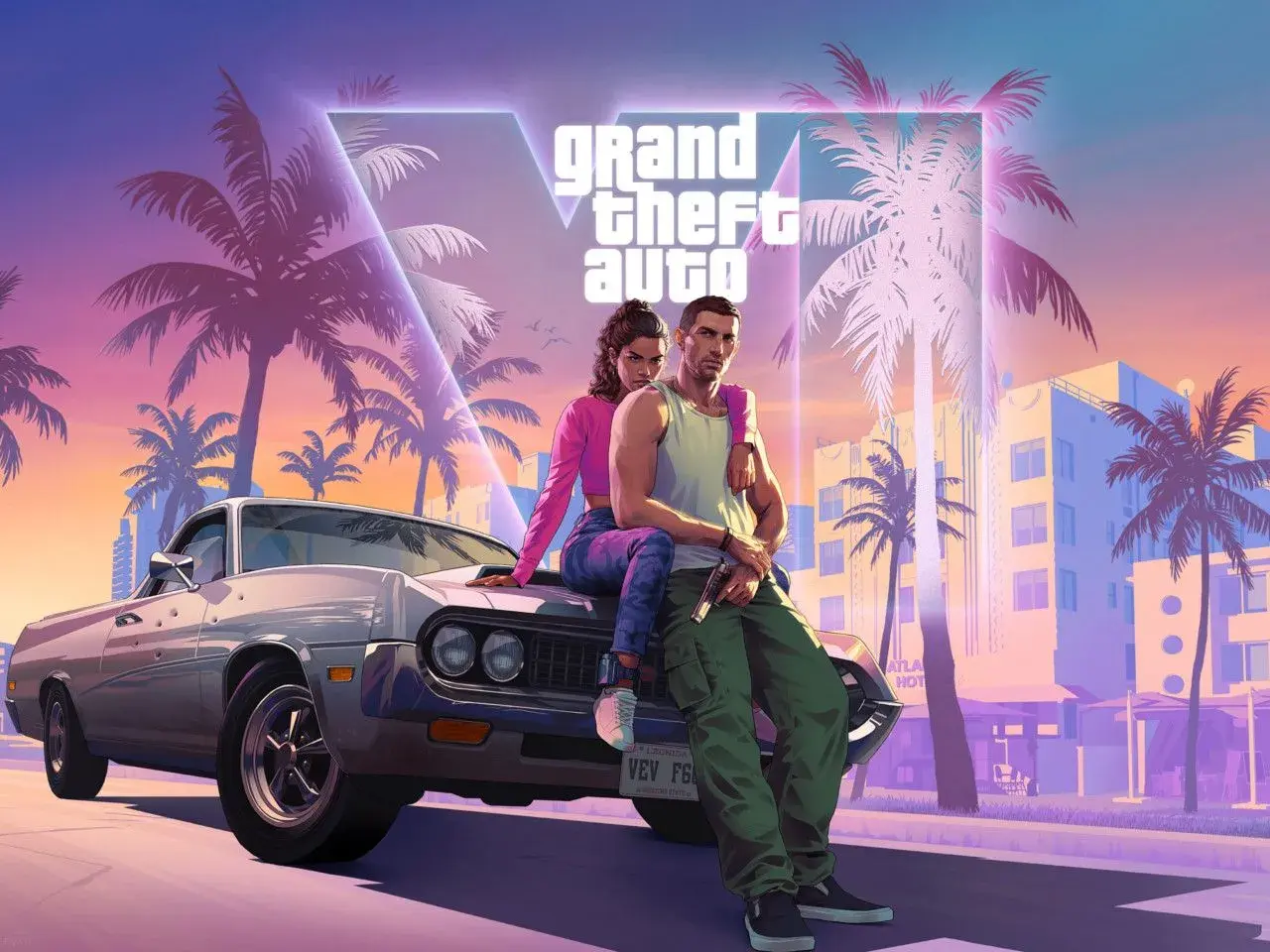 Para zrelaksowana na masce auta w stylu retro, na tle palem i neonów. Czekamy na GTA 6 wymagania!