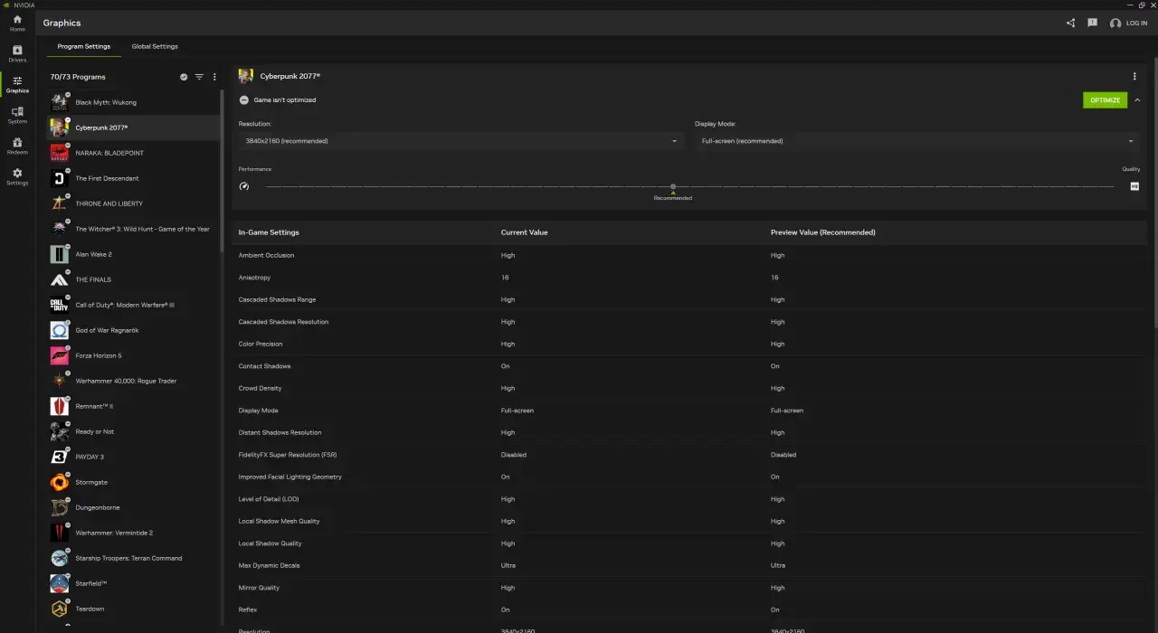 NVIDIA GeForce Experience pokazuje ustawienia graficzne dla Cyberpunk 2077, z opcją optymalizacji.