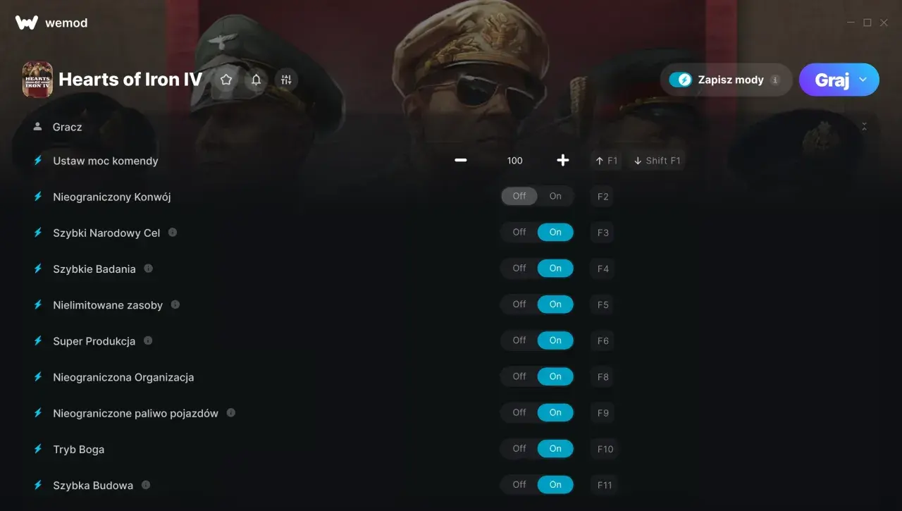 Interfejs programu WeMod z włączonymi **hoi4 kodami**, takimi jak nieograniczone zasoby i szybka budowa, ułatwiający rozgrywkę w Hearts of Iron IV.