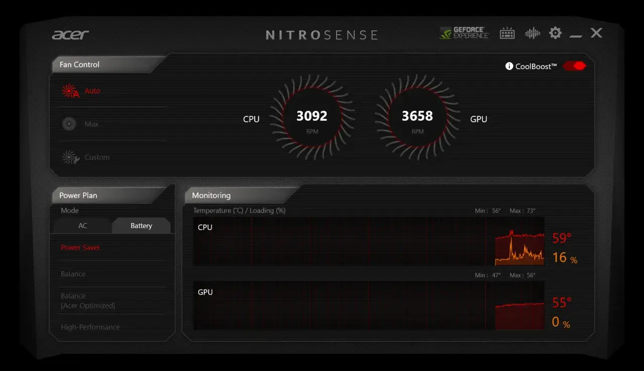 Monitorowanie temperatury procesora i GPU w aplikacji NitroSense. CPU: 59°C, 16% obciążenia. GPU: 55°C, 0% obciążenia.