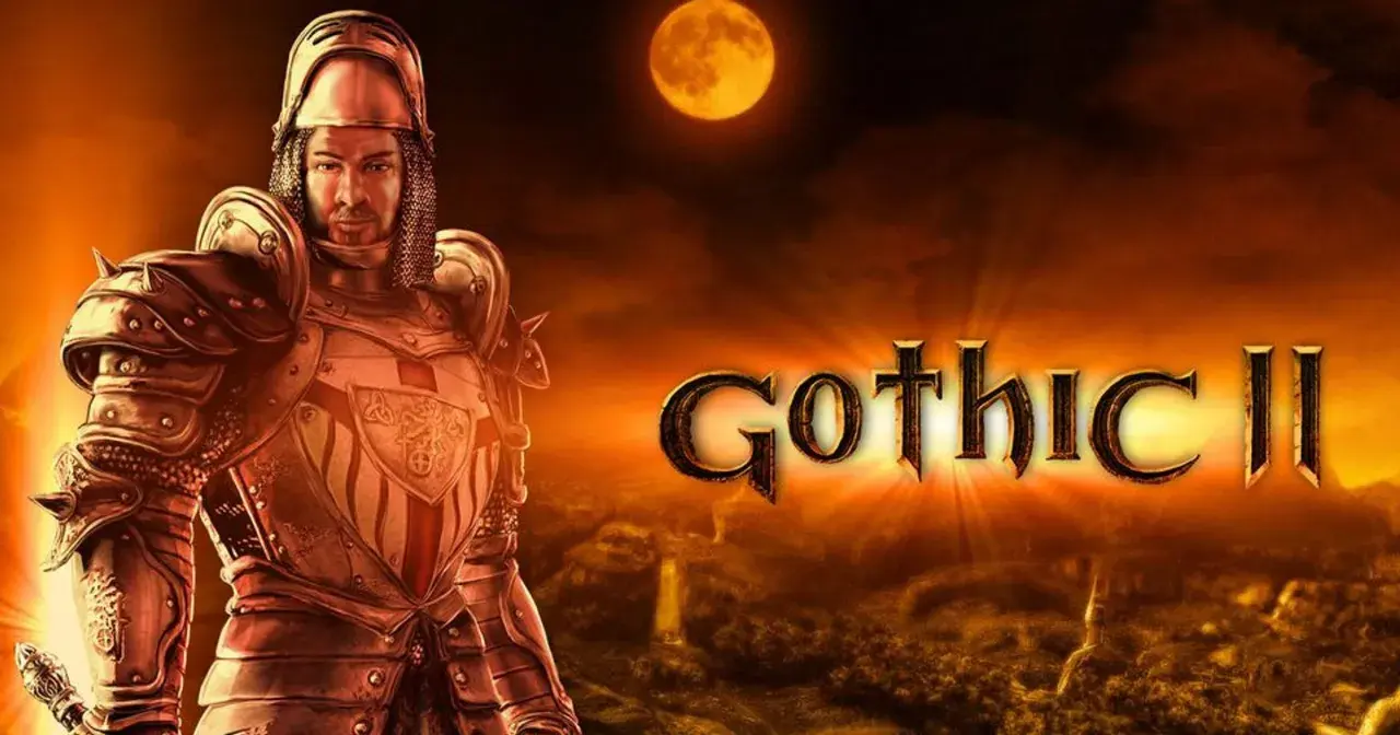 Rycerz w zbroi pod pełnią księżyca, obok napis Gothic II. Szukasz kodów do gry?