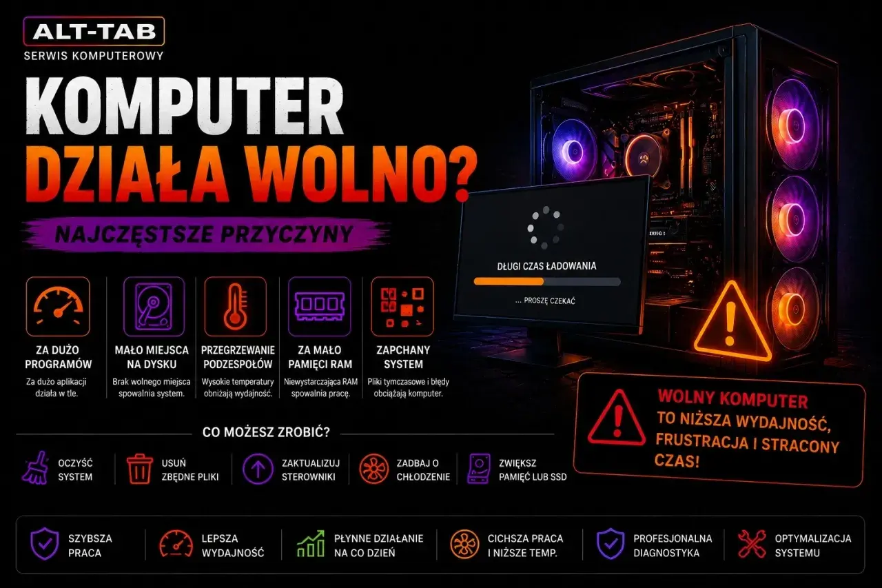 Jak przyspieszyć komputer? Obraz pokazuje przyczyny wolnego działania komputera i sposoby na jego optymalizację, np. czyszczenie systemu.