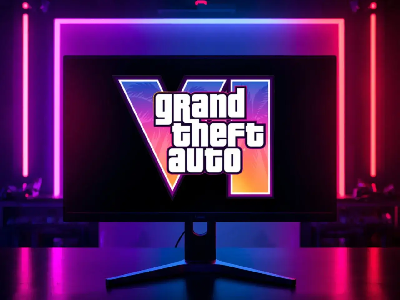 Monitor z logo GTA VI w neonowym otoczeniu. Czekam na informacje o gta 6 wymagania, by móc zagrać w tę epicką grę!