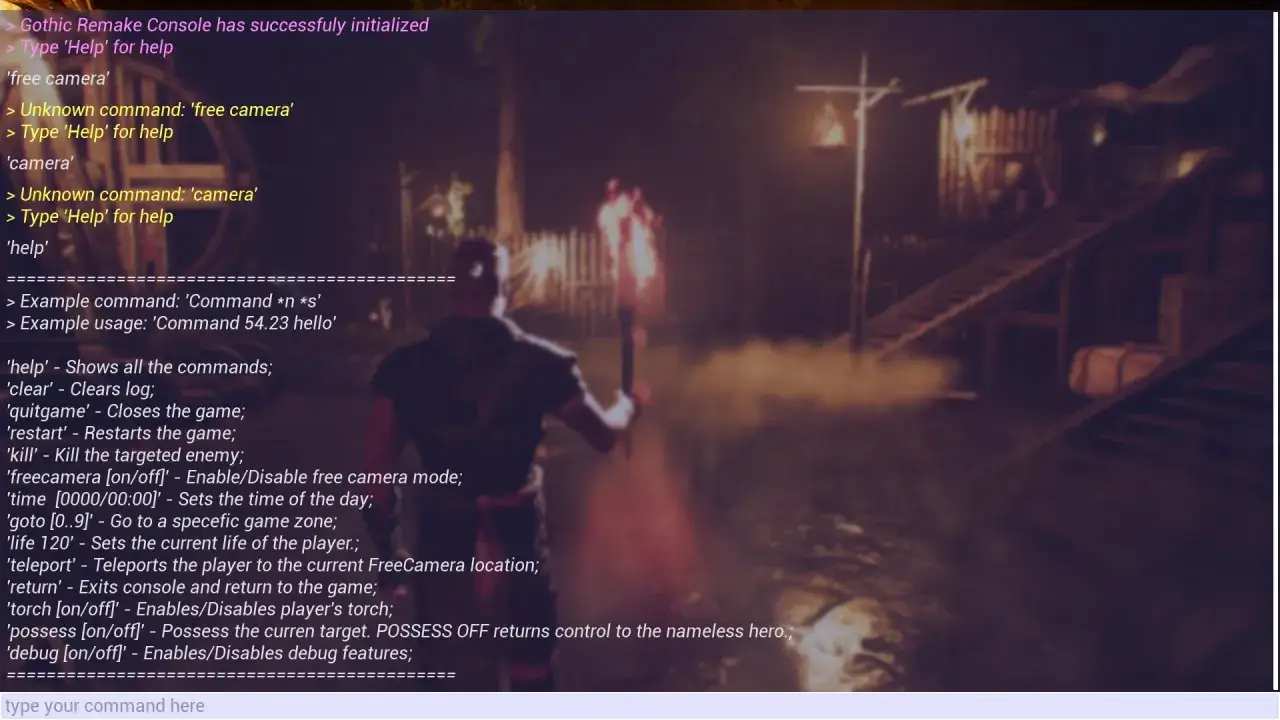 Konsola Gothic Remake wyświetla listę komend, w tym te do ułatwienia rozgrywki, jak np.